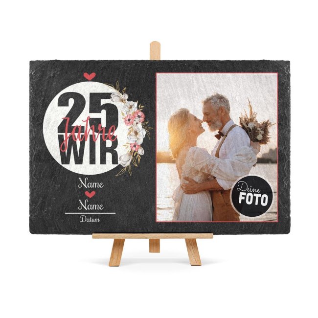 Foto auf Schieferstein - 25 Jahre - Silberhochzeit - mit Namen und Datum - 20 x 30 cm