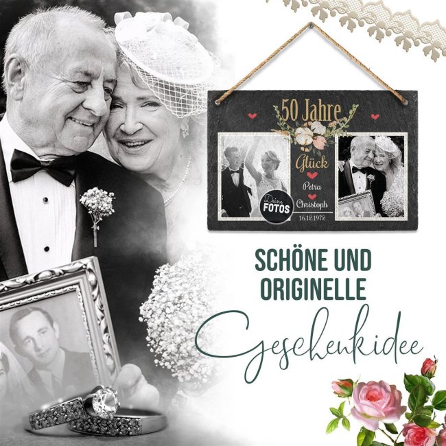 Schiefertafel mit Fotos zur goldenen Hochzeit - 50 Jahre - 20 x 30 cm