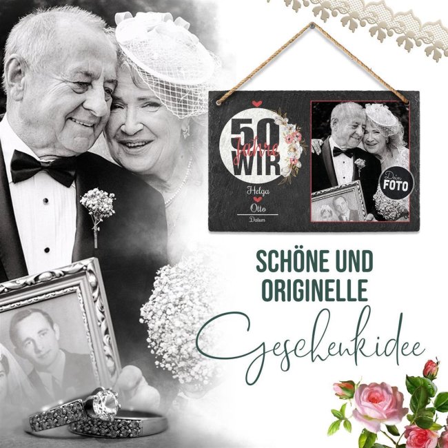 Foto auf Schieferstein - 50 Jahre - Goldene Hochzeit - mit Namen und Datum - 20 x 30 cm