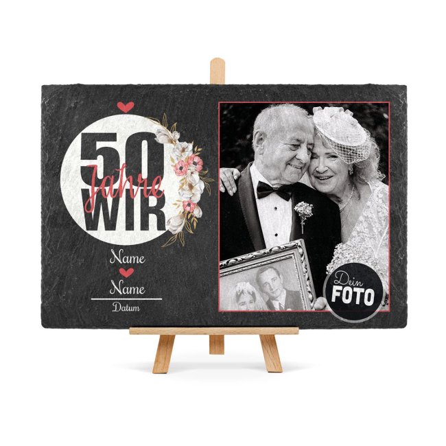 Foto auf Schieferstein - 50 Jahre - Goldene Hochzeit - mit Namen und Datum - 20 x 30 cm