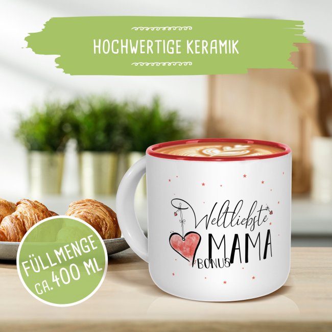 Pott-Tasse - weltliebste Bonusmama - Innen Rot