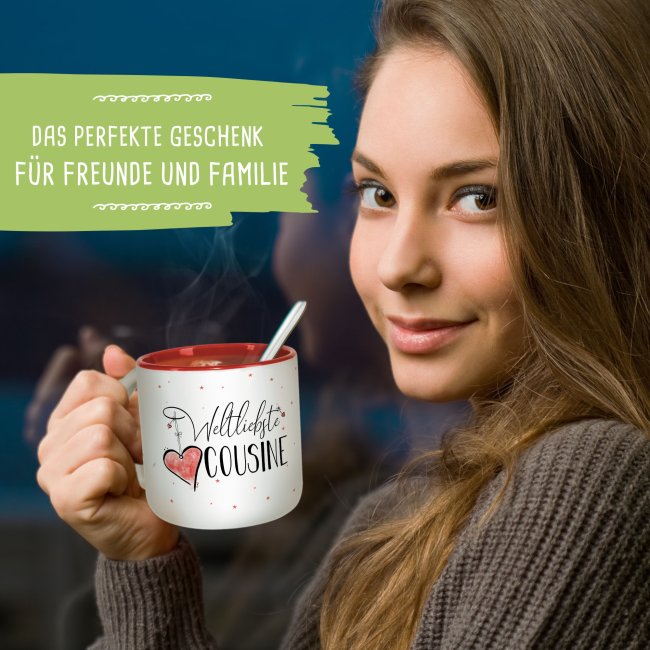 Pott-Tasse - weltliebste Cousine - Innen Rot