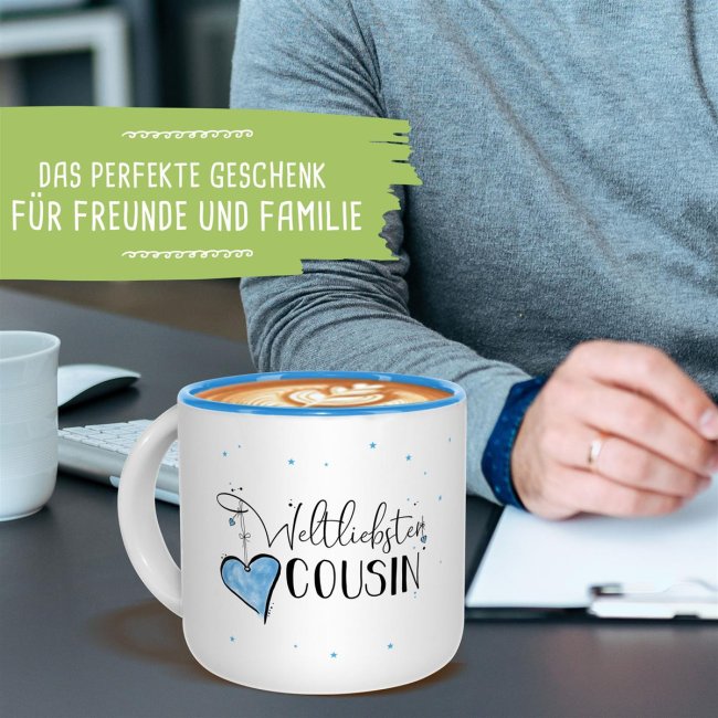 Pott-Tasse - weltliebster Cousin - Innen Hellblau