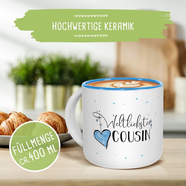 Pott-Tasse - weltliebster Cousin - Innen Hellblau