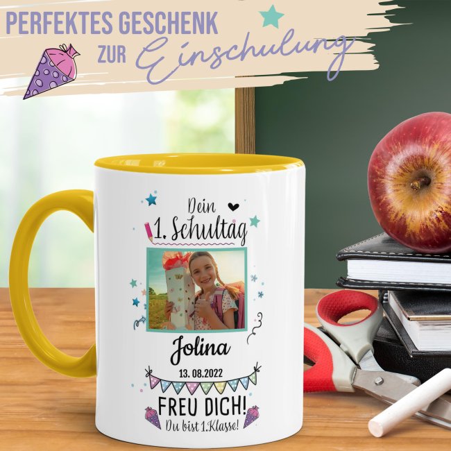 Tasse - Dein 1. Schultag - Name, Bild und Datum