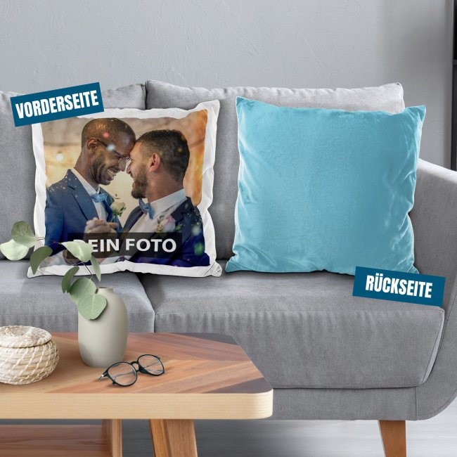 Fotokissen flauschig-weich - mit Foto und oder Text personalisieren - Hellblau flauschig ohne F&uuml;llung