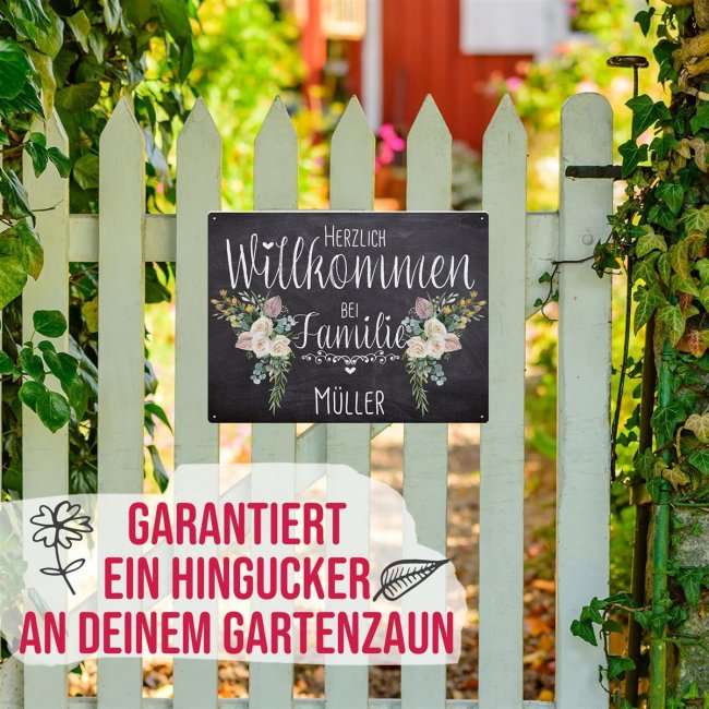 Outdoorschild - Herzlich Willkommen bei Familie - Name - Blumen-Motiv