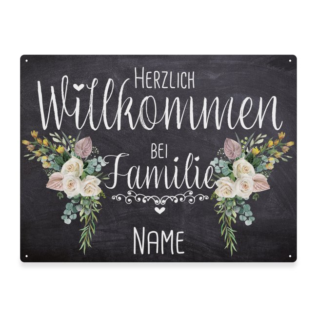 Outdoorschild - Herzlich Willkommen bei Familie - Name - Blumen-Motiv
