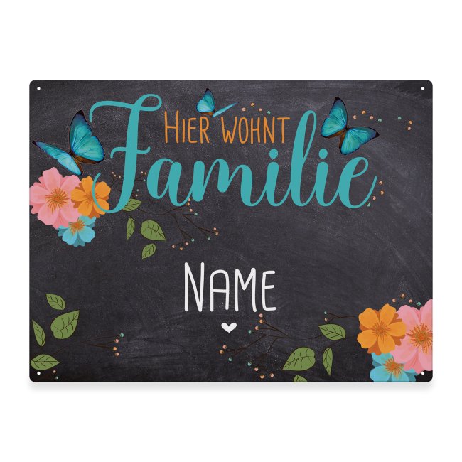 Outdoorschild - Hier wohnt Familie - Name - Schmetterling-Motiv