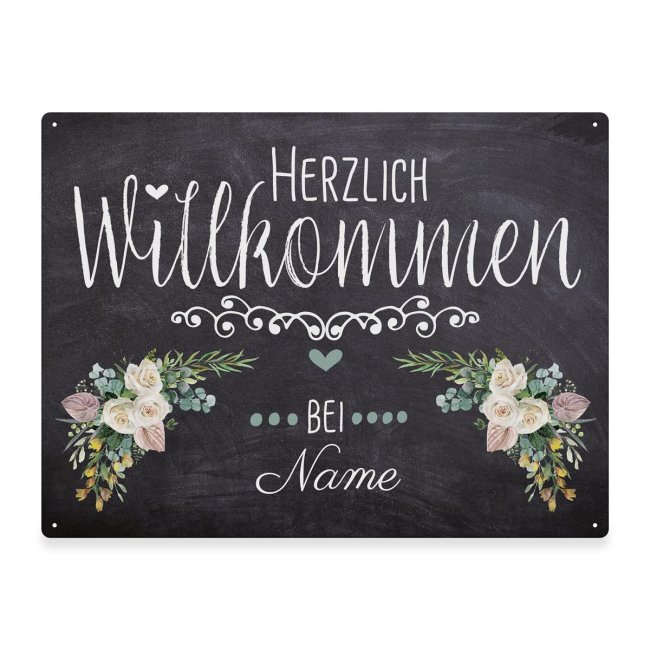 Outdoorschild - Herzlich willkommen bei - Name - Blumen-Motiv