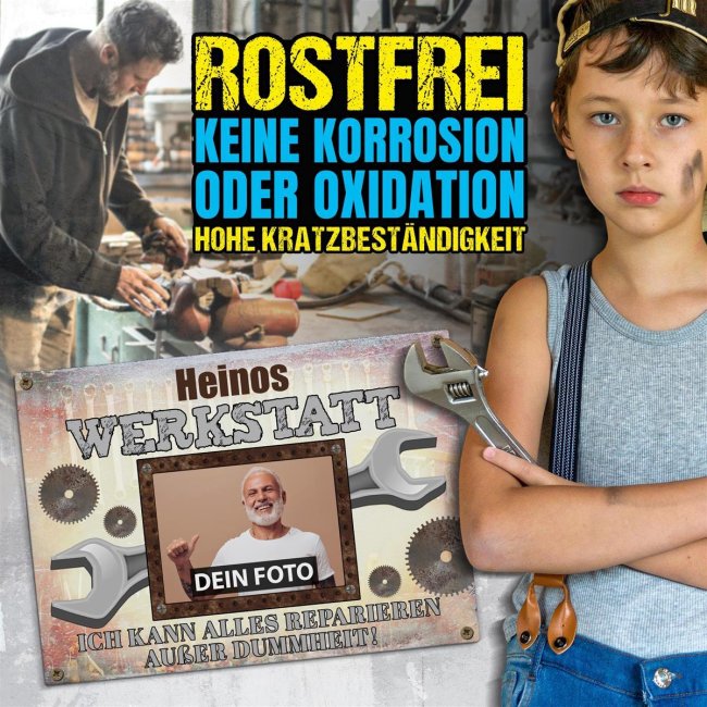 Outdoorschild - Name &amp; Foto - Kann alles reparieren au&szlig;er Dummheit