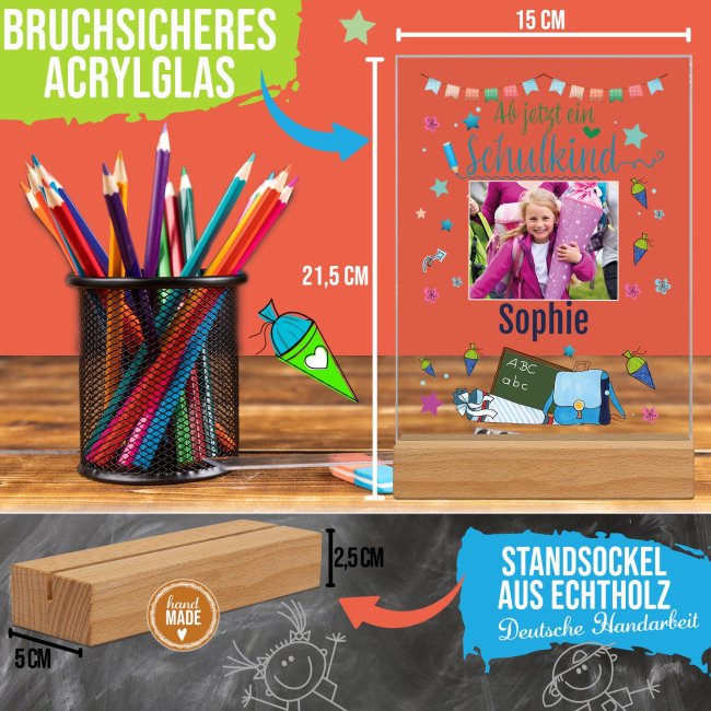 Foto auf Acryl mit Holzsockel - Ab jetzt ein Schulkind - mit Name personalisierbar