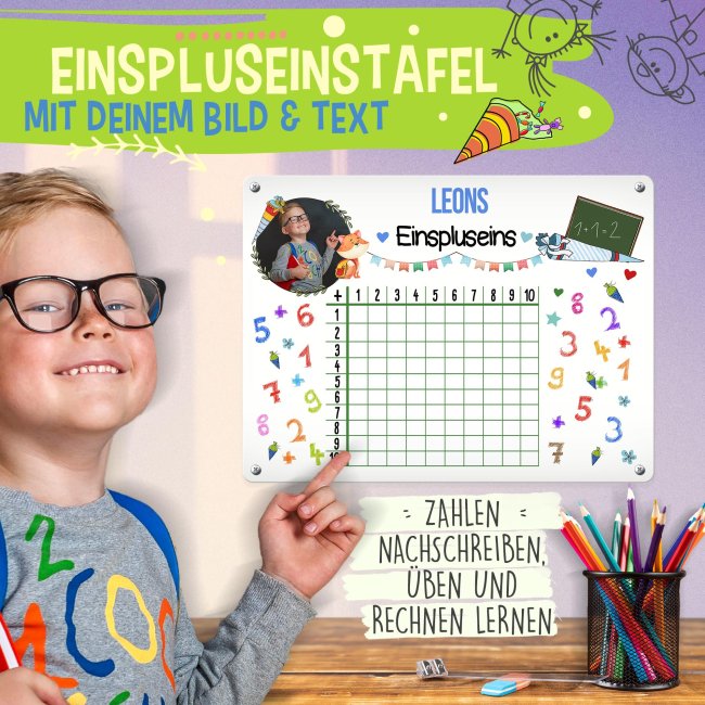 Blechschild zur Einschulung mit Foto und Name - Einspluseins - A3