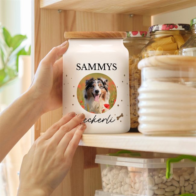 Keramikdose f&uuml;r Hunde mit Spruch - Leckerli - mit Foto &amp; Name