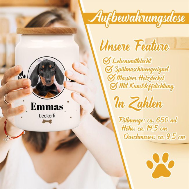 Keramikdose mit Pfote f&uuml;r Hunde mit Spruch - Leckerli - mit Foto &amp; Name