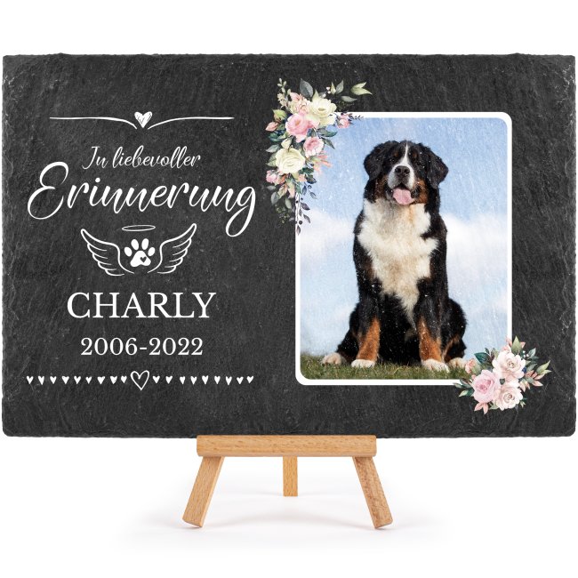 Hunde Schiefersteinplatte mit Spruch - In liebevoller Erinnerung - mit Foto &amp; Name