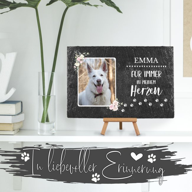 Hunde Schiefersteinplatte mit Spruch - F&uuml;r immer in meinem Herzen - mit Foto &amp; Name