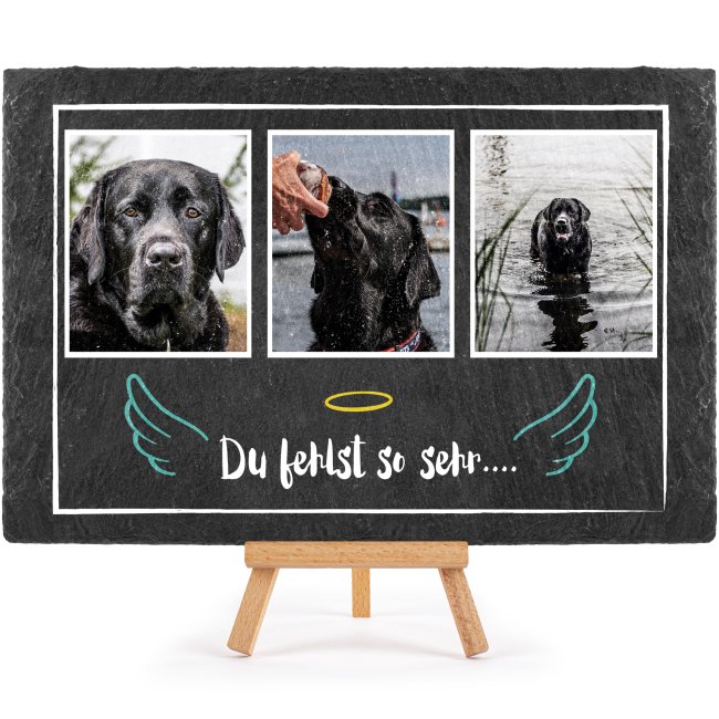 Hunde Schiefersteinplatte mit Spruch - Du fehlst - mit Foto-Collage