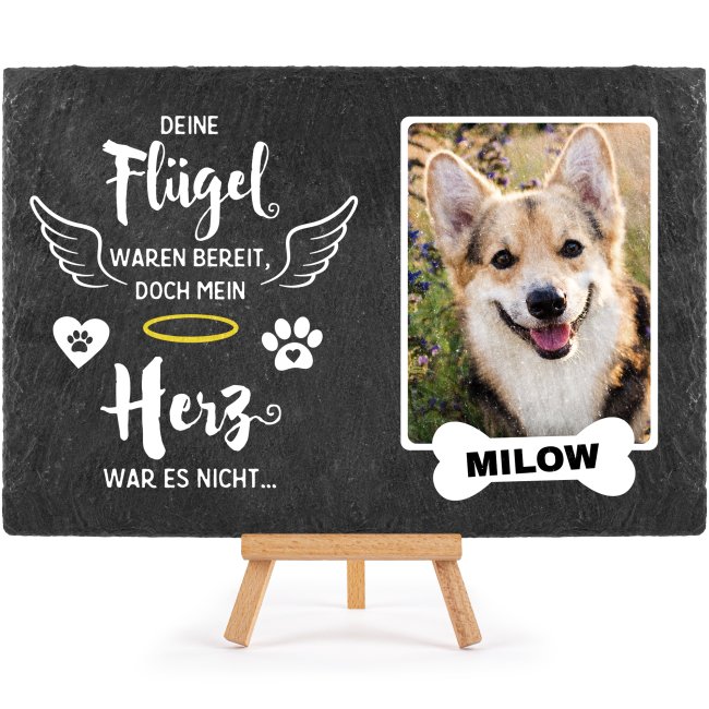 Hunde Schiefersteinplatte mit Spruch - Fl&uuml;gel - mit Foto &amp; Name