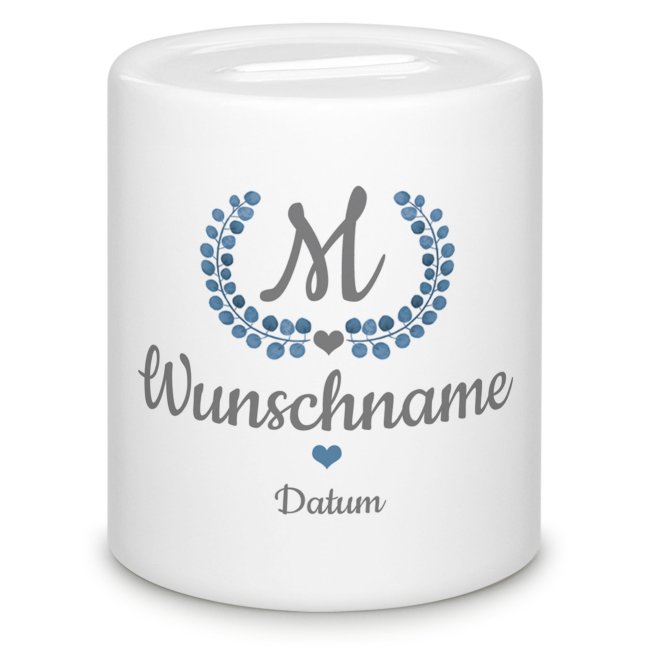 Spardose zur Taufe - Kranz Blau - mit Buchstabe, Name und Datum