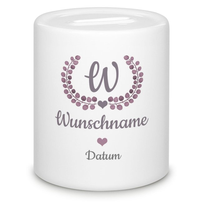 Spardose zur Taufe - Kranz Rosa mit Buchstabe, Name und Datum