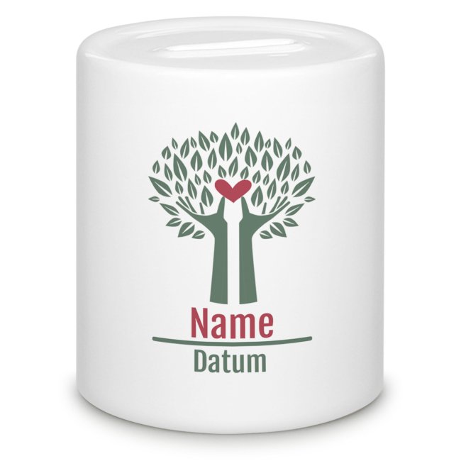 Spardose zur  Taufe - Baum mit Name und Datum