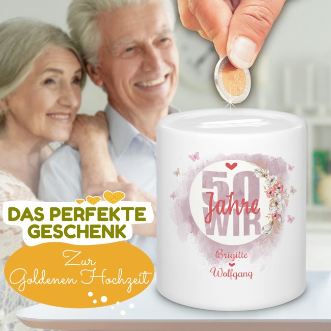 Spardose zur Goldenen Hochzeit - 50 Jahre wir - mit Namen