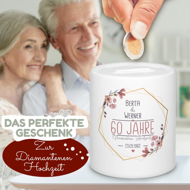 Spardose zur Diamantenen Hochzeit - mit Namen und Datum