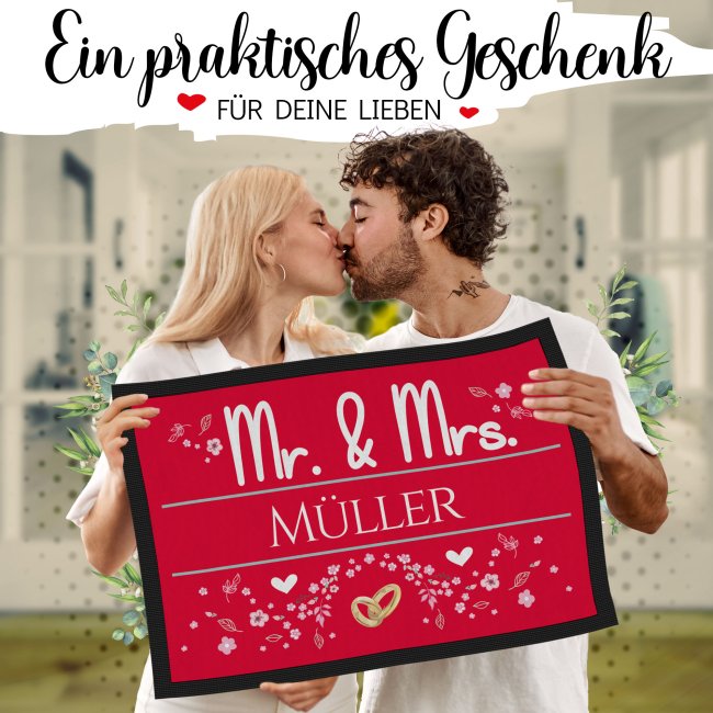 Fu&szlig;matte mit Name - Mr und Mrs - Motiv Ringe