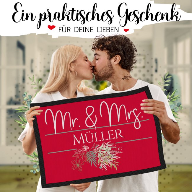 Fu&szlig;matte mit Name - Mr und Mrs - Florales Design