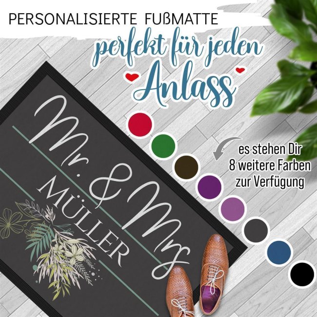 Fu&szlig;matte mit Name - Mr und Mrs - Florales Design