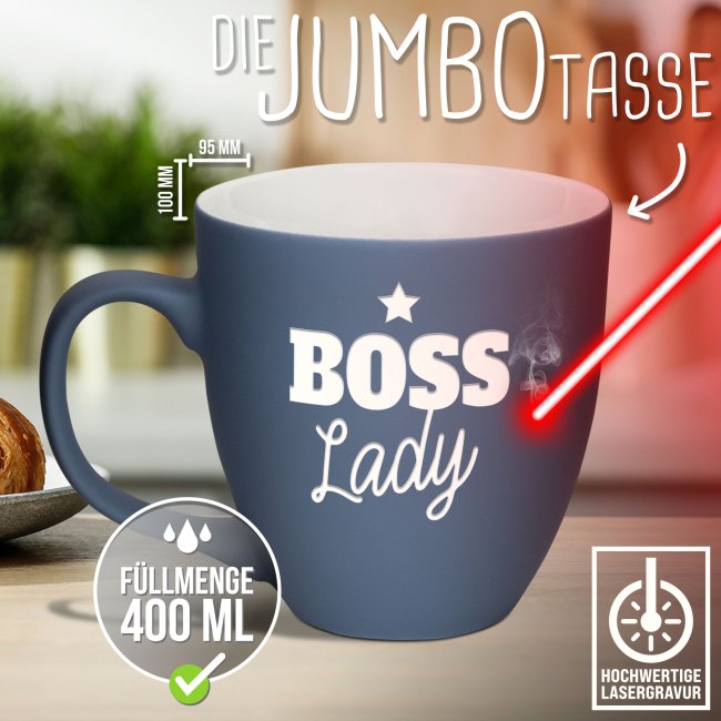 Samtig-matte Porzellantasse mit Gravur - XXL Jumbotasse - BOSS Lady - Softtouch Effect