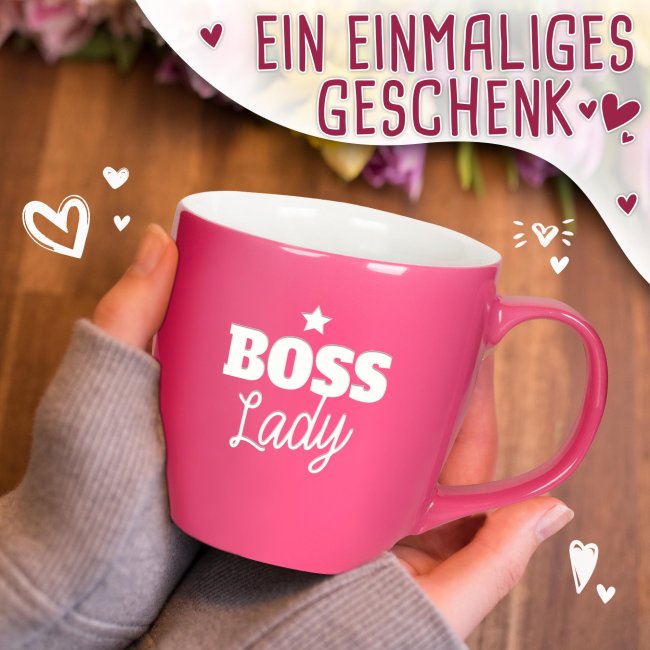 Hochgl&auml;nzende Porzellantasse mit Gravur - XXL Jumbotasse - BOSS Lady - Glossy Effect