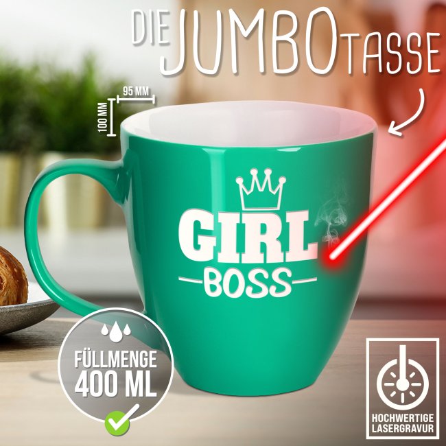 Hochgl&auml;nzende Porzellantasse mit Gravur - XXL Jumbotasse - Girl BOSS - Glossy Effect