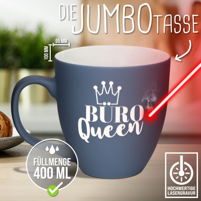 Samtig-matte Porzellantasse mit Gravur - XXL Jumbotasse - B&uuml;ro QUEEN - Softtouch Effect