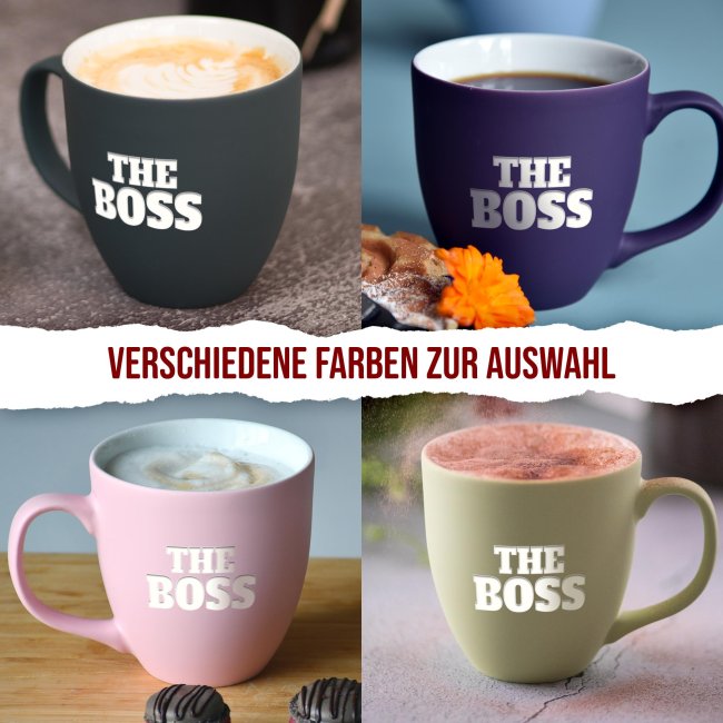 Samtig-matte Porzellantasse mit Gravur - XXL Jumbotasse - THE BOSS - Diamond Black