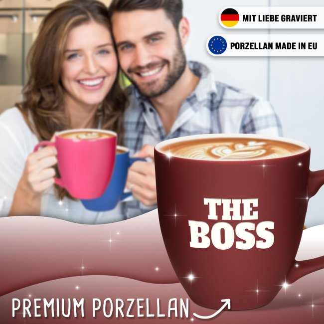 Samtig-matte Porzellantasse mit Gravur - XXL Jumbotasse - THE BOSS - Diamond Black