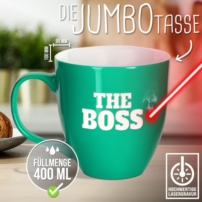 Hochgl&auml;nzende Porzellantasse mit Gravur - XXL Jumbotasse - THE BOSS - Glossy Effect