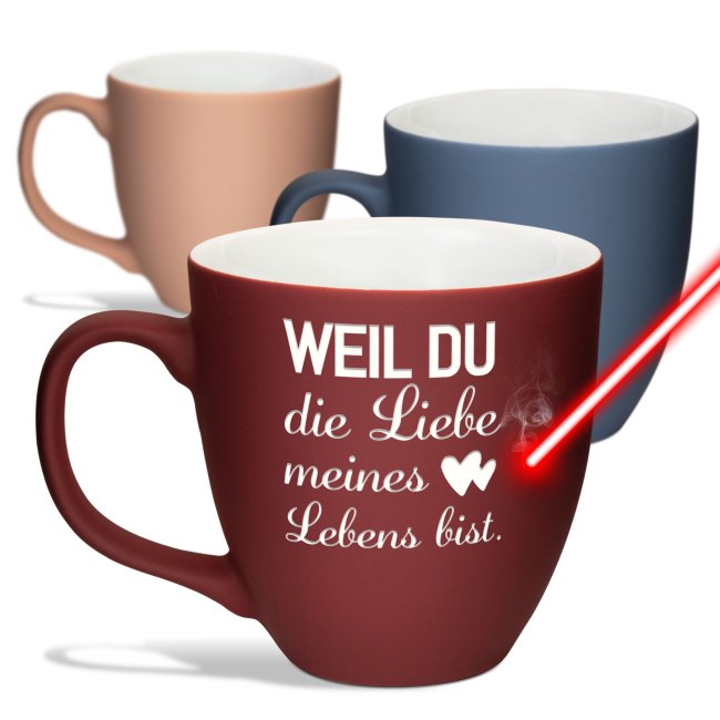 Mahlwerck Tasse mit Gravur - Liebe meines Lebens - mit mattem Softtouch-Effekt
