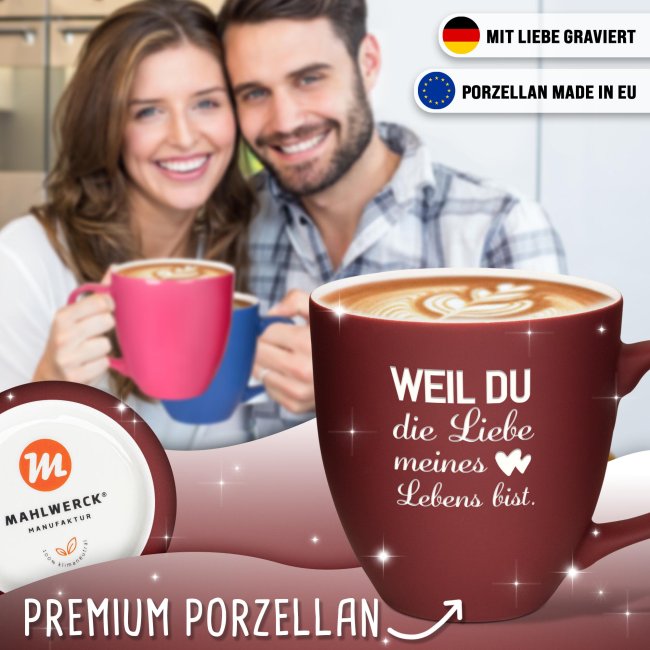 Samtig-matte Porzellantasse mit Gravur - XXL Jumbotasse - Liebe meines Lebens - mit Softtouch-Effekt