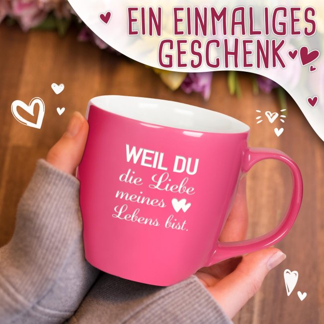 Samtig-matte Porzellantasse mit Gravur - XXL Jumbotasse - Liebe meines Lebens - mit Hochglanzeffekt