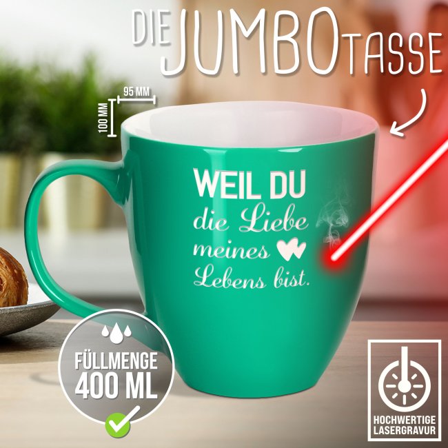 Samtig-matte Porzellantasse mit Gravur - XXL Jumbotasse - Liebe meines Lebens - Fancy Pink