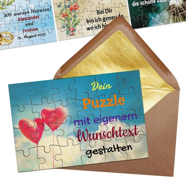 Puzzle mit pers&ouml;nlicher Botschaft selbst gestalten - 24 Teile im Briefumschlag mit Goldinlay