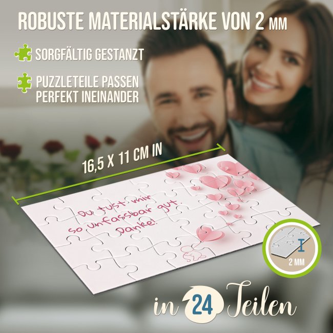 Puzzle mit pers&ouml;nlicher Botschaft selbst gestalten - Liebe rosa Herzen - 24 Teile im Briefumschlag mit Goldinlay