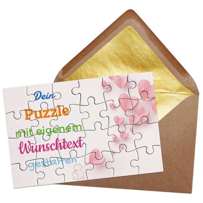 Puzzle mit pers&ouml;nlicher Botschaft selbst gestalten - Liebe rosa Herzen - 24 Teile im Briefumschlag mit Goldinlay