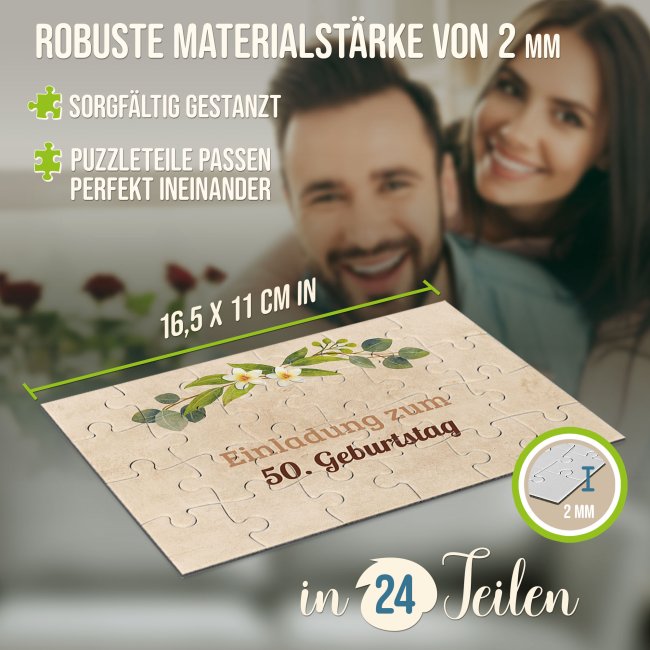 Puzzle mit pers&ouml;nlicher Botschaft selbst gestalten - Beige mit Blumenkranz - 24 Teile im Briefumschlag mit Goldinlay