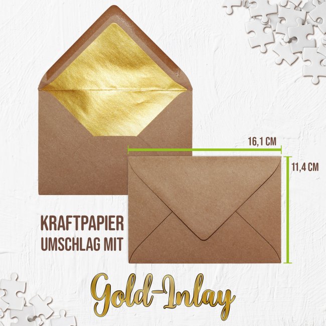 Puzzle mit pers&ouml;nlicher Botschaft selbst gestalten - Beige mit Blumenkranz - 24 Teile im Briefumschlag mit Goldinlay
