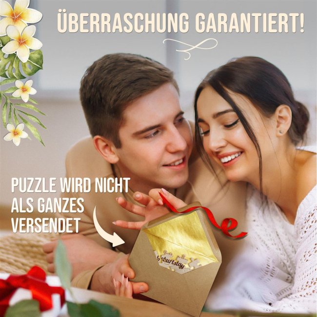 Puzzle mit pers&ouml;nlicher Botschaft selbst gestalten - Beige mit Blumenkranz - 24 Teile im Briefumschlag mit Goldinlay