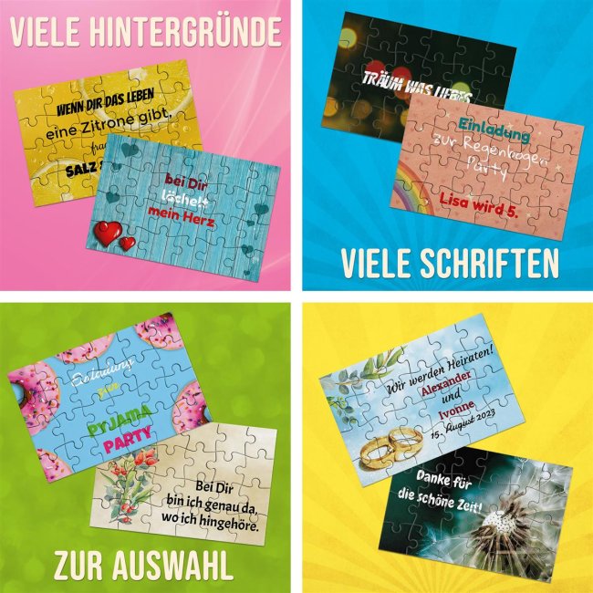 Puzzle mit pers&ouml;nlicher Botschaft selbst gestalten - Beige mit Blumenkranz - 24 Teile im Briefumschlag mit Goldinlay