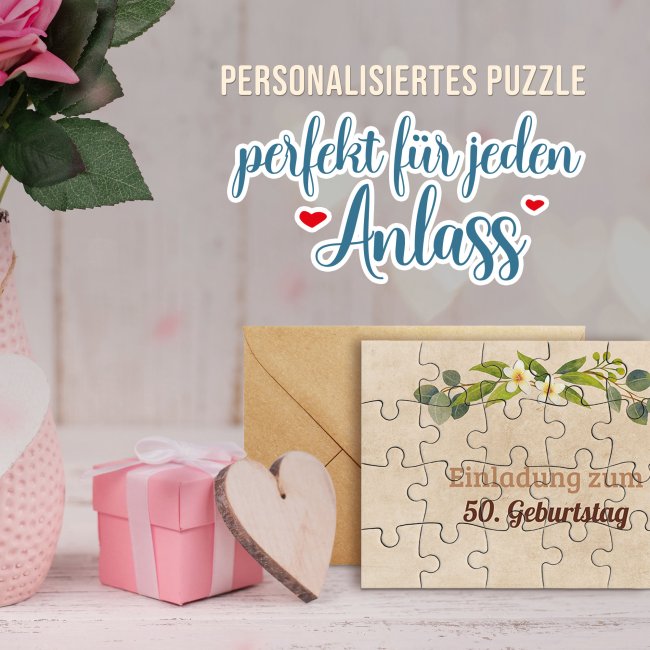 Puzzle mit pers&ouml;nlicher Botschaft selbst gestalten - Beige mit Blumenkranz - 24 Teile im Briefumschlag mit Goldinlay
